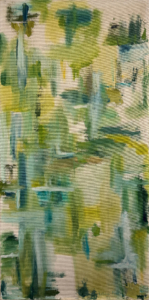 Composition in Green, 1953. Oil on canvas, 36 x 18.” LMPF Inv No. 03U, Private Collection. Image courtesy Lincoln Glenn Gallery, NY A work of art by female abstract expressionist Libbie Mark with green, blue, and yellow brushstrokes creating a layered, textured effect on a beige canvas background.
