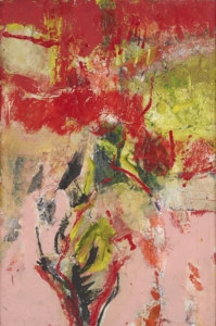 A work of art by female abstract expressionist Libbie Mark. Abstract painting featuring bold red, yellow, pink, and black brushstrokes layered with textured patches, creating a dynamic and chaotic composition.