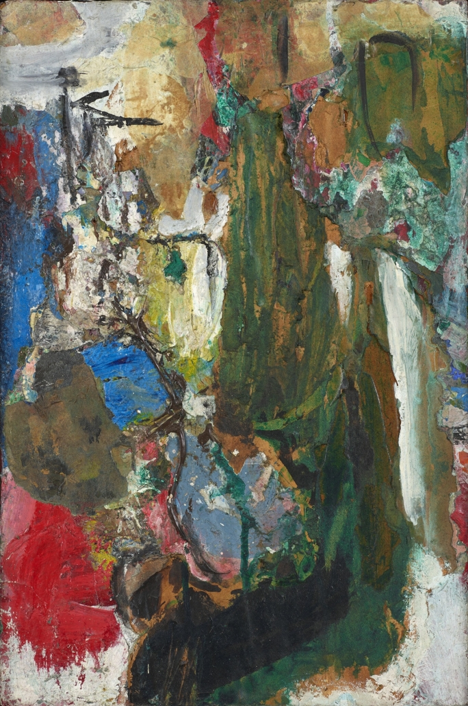 A work of art by female abstract expressionist Libbie Mark. Abstract painting featuring layered brushstrokes in green, brown, blue, red, and white tones with various textures and no identifiable figures or objects.
