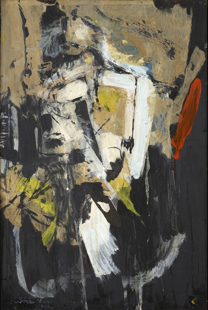 A work of art by female abstract expressionist Libbie Mark. Abstract painting featuring bold black, white, yellow, and orange brushstrokes on a textured brown and black background, with expressive, gestural marks throughout.