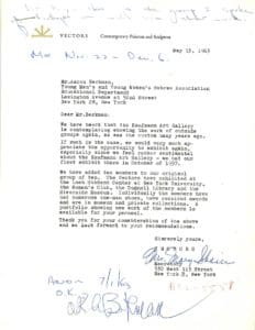 Fig. 2. Letter from Mary Shaier, Vectors secretary, to Aaron Berkman Letter from Mary Shaier, Vectors secretary, to Aaron Berkman, 92nd Street Y Education Department, May 13, 1963.