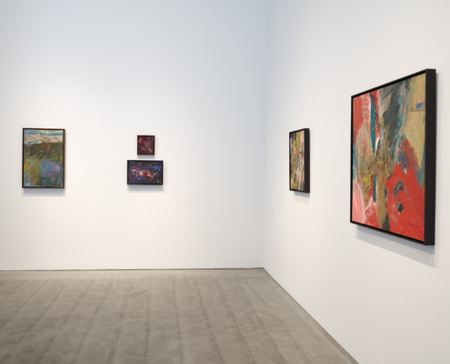 Installation View no. 11 Photo: Roz Akin, Courtesy Berry Campbell, New York Five abstract paintings by Libbie Mark in dark frames are displayed on two walls (corner) at Berry Campbell in New York. The artworks feature bold colors and dynamic compositions.