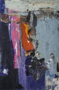 Vertically-oriented, abstract painting made with acrylic and paper collage with a stretch of black paint at the left, pink, orange, and purple swaths of color in the center, and a grey-blue area of color at the right