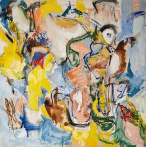 Fig. 14. Libbie Mark, Untitled A work of art by female abstract expressionist Libbie Mark. Abstract painting with bold, overlapping brushstrokes in blue, yellow, brown, and white, creating an energetic, chaotic composition with no discernible subject.