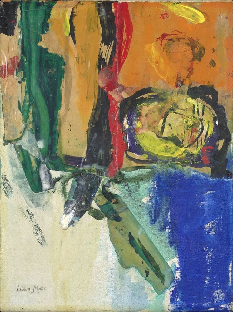 A work of art by female abstract expressionist Libbie Mark. An abstract painting featuring bold strokes of green, blue, orange, yellow, red, and black on a textured surface, with overlapping shapes and areas of visible canvas.